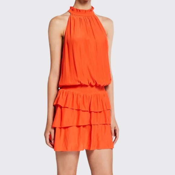 RAMY BROOK Perla Halter-Neck Smocked Waist Dress Ruffle Tiered Sunset Orange S - Picture 1 of 14